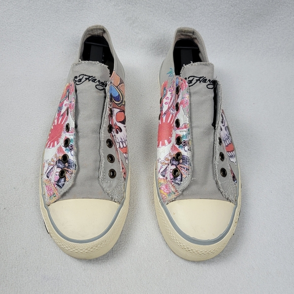 Ed Hardy Laceless Sneakers Men's Shoes Size 9 Gray Slip-On Skulls Japanese Sun - Picture 2 of 14